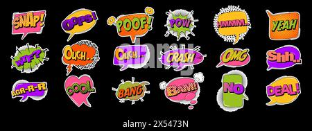 Comic-Explosionen komische Sprechblasen im trendigen Retro-Stil. Sammlung von Pop-Art-Aufklebern. Stock Vektor