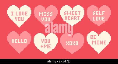 Pixelherz mit Text im Retro-Stil. Vintage-Liebessymbol, 8-Bit-Valentinstag-Set. Pixelgrafik für Computerspiele. Stock Vektor