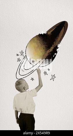 Kind, Junge, der Planet zeichnet, Saturn. Fantasie über Kosmos, Kreativität. Zeitgenössische Kunstcollage. Stockfoto