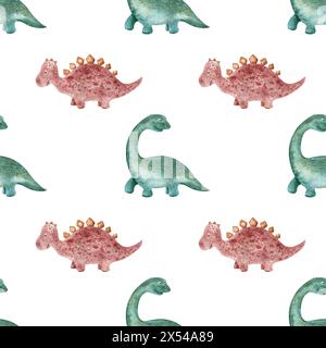 Nahtloses Muster mit handgezeichneten Dinosauriern im skandinavischen Stil. Rosa und Grün. Kreative Aquarellmode für Kinder mit Stoff Stockfoto