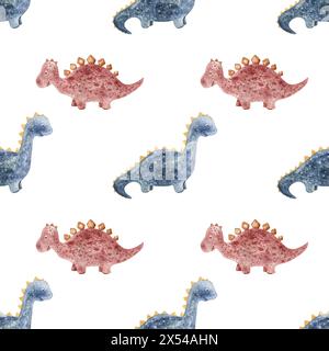 Nahtloses Muster mit handgezeichneten Dinosauriern im skandinavischen Stil. Rosa und Blau. Kreative Aquarellmode Kinderhintergrund für Stoff und Textil Stockfoto