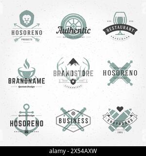 Handgezeichnete Retro-Logos Vektorvorlagen Set. Handgezeichnete Logos, Handgezeichnete Symbole, Handgezeichnete Symbole, Logoelemente, Logovektor, Retro-Logos. Löwe L Stock Vektor