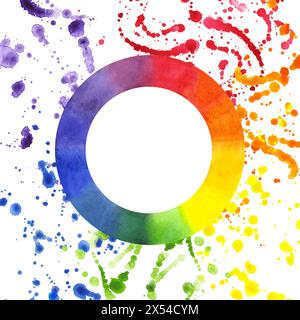 Itten Farbrad, mehrfarbige Kreis-Spektrum-Palette. Runder Rahmen mit ausdrucksstarken, farbenfrohen Spritzern und Tropfen. Regenbogenverlauf. Handgezeichnet Stockfoto
