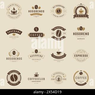 Design-Elemente-Set für Coffee Shop mit Logos, Abzeichen und Etiketten. Tasse, Bohnen, Café Vintage Stil Objekte Retro Vektor Illustration. Stock Vektor