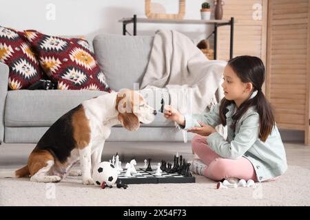 Süßes kleines asiatisches Mädchen mit Beagle-Hund, der zu Hause Schach spielt Stockfoto