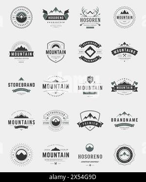 Set Mountains Logos, Abzeichen und Labels im Vintage-Stil. Design-Elemente-Retro-Vektor-Illustration. Stock Vektor