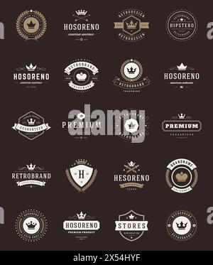 Set aus hochwertigen Retro-Etiketten und -Kronen im Vintage-Look. Vektordesign-Elemente, Zeichen, Logos, Identität, Etiketten, Abzeichen, Aufkleber und Stempel. Zufriedenheit Stock Vektor
