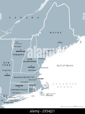 Neuengland, eine Region der Vereinigten Staaten, graue politische Karte. Maine, Vermont, New Hampshire, Massachusetts, Rhode Island und Connecticut. Stockfoto