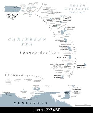 Östliche karibische Inseln, graue politische Karte. Puerto Rico, Jungferninseln, Leeward- und Windward-Inseln und ein Teil der Leeward-Antillen. Stockfoto