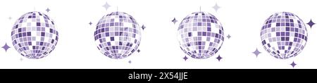 Set aus violetten Discoballs mit Blings. Retro-Musik-Party mit strahlenden Sphären. Glitterballs Formen. Spiegelkugeln für Diskotheken in den 70er Jahren 80er Jahren 90er Jahren Stock Vektor