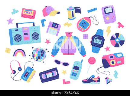 Set aus Retro-Elementen der 90er Jahre. Bunte Kollektion. Vektorillustration in trendigem flachen Stil Stock Vektor