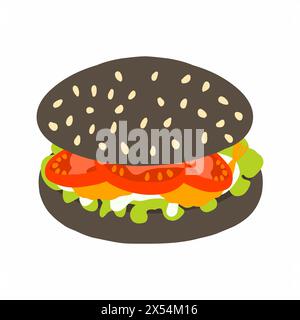 Dunkler großer Burger mit Hähnchenkotelett, frischer Tomate, Salatblatt, Käse und Soße im Cartoon Flat Style. Vektorillustration isoliert auf weißer Rückseite Stock Vektor