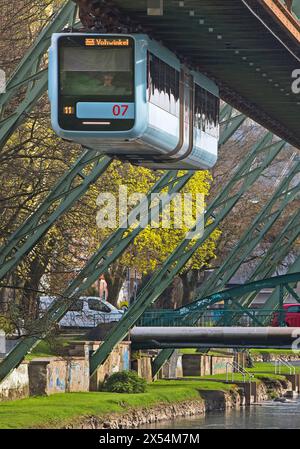 Wuppertaler Schwebebahn über die Wupper im Landkreis Barmen, Deutschland, Nordrhein-Westfalen, Bergisches Land, Wuppertal Stockfoto