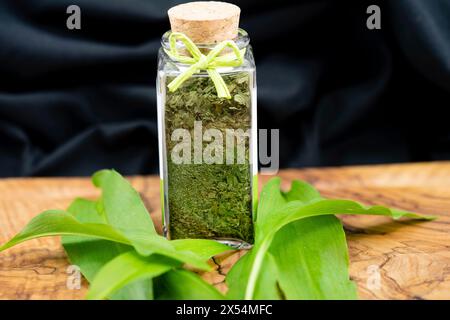 ramson, Buckrams, wilder Knoblauch, breitblättriger Knoblauch, HolzKnoblauch, Bärlauchblättchen, Bärenknoblauch (Allium ursinum), wilde Knoblauchblätter, frisch und getrocknet in A Stockfoto