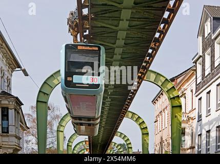 Straßenlinie der Wuppertaler Schwebebahn im Landkreis Vohwinkel, Deutschland, Nordrhein-Westfalen, Bergisches Land, Wuppertal Stockfoto