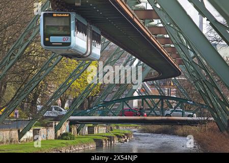 Wuppertaler Schwebebahn über die Wupper im Landkreis Barmen, Deutschland, Nordrhein-Westfalen, Bergisches Land, Wuppertal Stockfoto