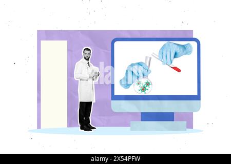 Collage 3D-Bild der Pin-up-Pop-Skizze eines ernsthaften Wissenschaftlers, der Virus-Antidot-isolierte Malerei-Hintergrund testet Stockfoto