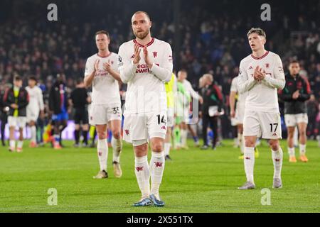 Aktenfoto vom 06.05.2024 von Christian Eriksen, der sagt, die Spieler von Manchester United übernehmen die Schuld für den demütigenden Hammer von 4-0 im Crystal Palace, der den Druck auf Manager Erik Ten Hag erhöht hat. Ausgabedatum: Dienstag, 7. Mai 2024. Stockfoto