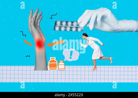 Composite Photo Collage von ernsthaften Mädchen Arzt laufen helfen Patienten Hand Verletzung Handgelenk Tablette Schmerzmittel isoliert auf gemalten Hintergrund Stockfoto