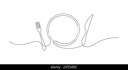 Linienzeichnung einer Gabel, eines Messers und einer Platte. Eine durchgehende einzeilige Skizze von Besteck und Küchenutensilien. Handgezeichnetes Geschirr Illustration für ein Restaurant Stock Vektor