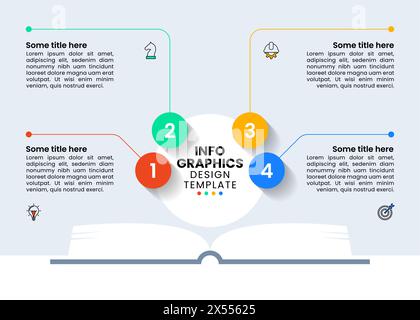 Infografik-Vorlage mit Symbolen und 4 Optionen oder Schritten. Buch öffnen. Kann für Workflow-Layout, Diagramm, Banner und Webdesign verwendet werden. Vektorabbildung Stock Vektor