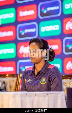 Kapitän des Frauenteams von Bangladesch, Nigar Sultana Joty, die während einer Pressekonferenz im Pan Pacific Sonargaon in Dhaka gesehen wurde. Die ICC Frauen T20 World Cup 2024 ist die neunte Ausgabe des ICC Frauen T20 World Cup Turniers. Der Veranstaltungsort ist vom 3. Bis 20. Oktober 2024 in Bangladesch. Australien ist der Titelverteidiger, der Südafrika im Finale der vorherigen Ausgabe besiegt hat. Stockfoto