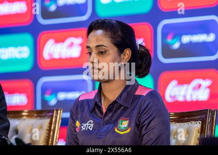 Kapitän des Frauenteams von Bangladesch, Nigar Sultana Joty, die während einer Pressekonferenz im Pan Pacific Sonargaon in Dhaka gesehen wurde. Die ICC Frauen T20 World Cup 2024 ist die neunte Ausgabe des ICC Frauen T20 World Cup Turniers. Der Veranstaltungsort ist vom 3. Bis 20. Oktober 2024 in Bangladesch. Australien ist der Titelverteidiger, der Südafrika im Finale der vorherigen Ausgabe besiegt hat. (Foto: Sazzad Hossain / SOPA Images/SIPA USA) Stockfoto