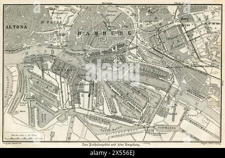 Geografie / Reise, Deutschland, Hamburg, Freihafen und Umgebung, Karte von Wagner & Debes, Leipzig, URHEBERRECHT DES KÜNSTLERS MUSS NICHT GELÖSCHT WERDEN Stockfoto