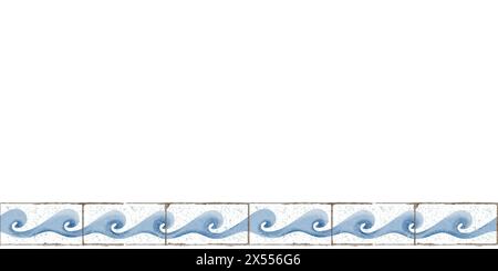 Stilisierte Welle, nahtloser Rand auf alten horizontalen Fliesen. Schwarzweiß-Farbpalette. Wellen vom Meer, Meer. Aquarellabbildung. Element von Stockfoto