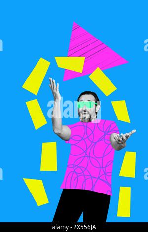 Vertikale Foto Collage Bild glücklicher freudiger Mann Brille virtuelle Realität Neon Hemd buntes Outfit Zeichnung Hintergrund Stockfoto