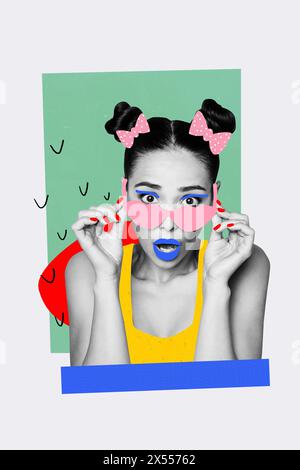 Vertikale Bildcollage aufgeregt junge Frau sprachlos Stupor Look Brille Make-up bunt gemalt Gesichtsausdruck Stockfoto