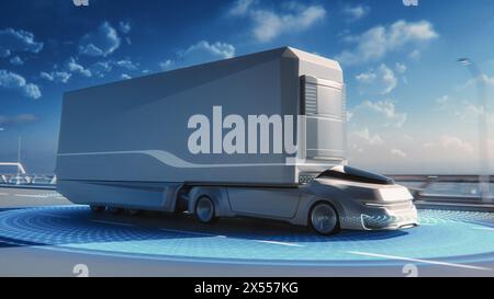 Futuristisches Technologiekonzept: Autonomer selbstfahrender Lkw mit Cargo-Anhänger fährt unterwegs mit Scanning-Sensoren. Spezialeffekte einer emissionsfreien Elektrofahrzeug-Analysenautobahn. Stockfoto