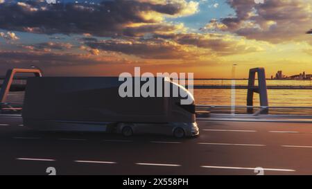 Futuristisches Technologiekonzept: Autonomer selbstfahrender Lkw mit Lastwagen fährt unterwegs mit Scanning-Sensoren. 3D-Elektrolaster fahren schnell auf der Scenic Sunset Highway Bridge. Stockfoto