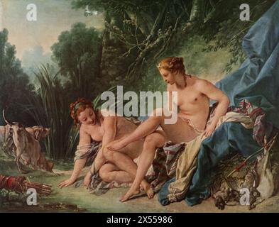 Das Bad von Diana' von Francois Boucher, gemalt 1742, untergebracht im Louvre Museum, Paris, Frankreich. Dieses Gemälde fängt die Göttin Diana und eine Nymphe kurz nach dem Baden in einem Wald ein. Boucher ist bekannt für seinen Rokoko-Stil und verwendet zarte Farben und anmutige Kompositionen, um ein Gefühl mythologischer Schönheit und Sinnlichkeit zu wecken. Stockfoto