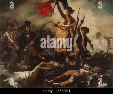 Liberty Leading the People' von Eugène Delacroix, gemalt 1830, untergebracht im Louvre Museum, Paris, Frankreich. Dieses ikonische Gemälde erinnert an die Juli-Revolution von 1830 in Frankreich. Es zeigt die allegorische Figur der Liberty, die als Frau verkörpert wird, die eine Anklage gegen die unterdrückenden Kräfte anführt und den Kampf für die Freiheit symbolisiert. Stockfoto