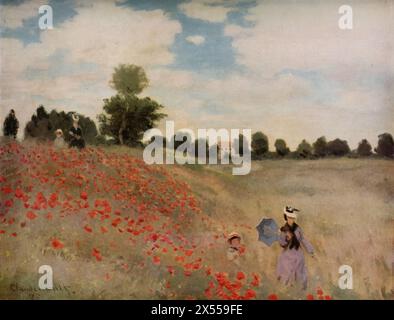 Field of Poppies von Claude Monet, gemalt 1873, untergebracht im Musée d’Orsay in Paris, Frankreich. Dieses Gemälde ist ein Beispiel für Monets frühe impressionistische Arbeiten, das ein helles, farbenfrohes Mohnfeld mit Figuren darstellt, die durch es schlendern. Dieses Werk wird für seine dynamische, offene Komposition und die Art und Weise gefeiert, wie Monet die Helligkeit und Bewegung der natürlichen Landschaft vermittelt. Stockfoto