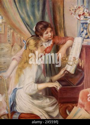 Two Girls at the Piano' von Pierre-Auguste Renoir, gemalt 1893, untergebracht im Louvre Museum, Paris, Frankreich. Dieses Gemälde zeigt zwei junge Mädchen, die Klavier spielen, und zeigt Renoir' charakteristischen Stil, den Alltag mit lebendigem Licht und Farben festzuhalten. Stockfoto