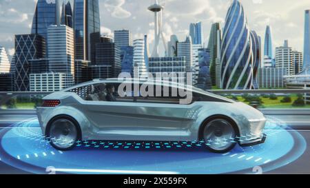 Futuristisches Konzept: Stilvoller japanischer Geschäftsmann auf der Rückbank eines autonomen, selbstfahrenden emissionsfreien Elektroautos. Er fährt auf dem Highway in der Stadt der Zukunft. Stockfoto