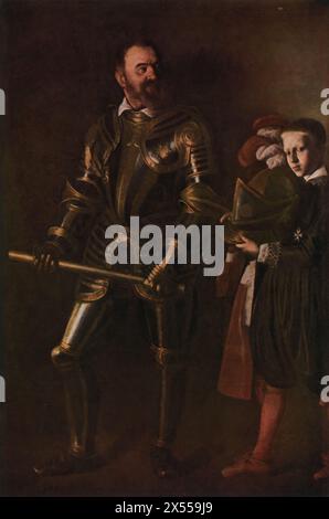 Porträt des Alof de Wignacourt' von Caravaggio, datiert 1608, im Louvre Museum, Paris, Frankreich. Dieses beeindruckende Porträt von Caravaggio zeigt Alof de Wignacourt, den Großmeister der Ritter von Malta, in voller Rüstung mit einem Seitenjungen an seiner Seite. Stockfoto