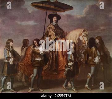 Reiterporträt von Kanzler Séguier' von Charles Le Brun, gemalt 1660, im Louvre Museum in Paris, Frankreich. Das Porträt zeigt Pierre Séguier, Kanzler von Frankreich, auf dem Pferd. Charles Le Brun, ein führender Hofmaler unter Ludwig XIV. Und eine Hauptfigur der französischen Kunst des 17. Jahrhunderts, nimmt den Kanzler mit einer seiner Position angemessenen Größe ein. Stockfoto