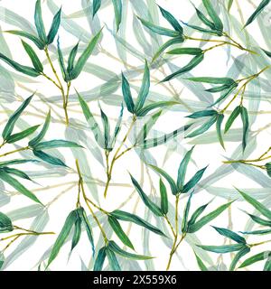 Nahtloses Muster mit grünen Bambuszweigen. Handgezeichnete Illustration von grünen Blättern auf weißem isoliertem Hintergrund. Design für Karten, Geschenkpapier. Stockfoto