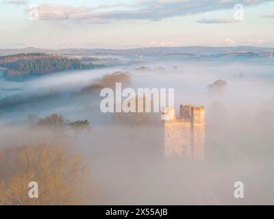 Morgennebel umgibt den Belvedere-Turm bei Sonnenaufgang an einem Wintermorgen, Powderham Castle, Devon, England. Winter (März) 2024. Stockfoto