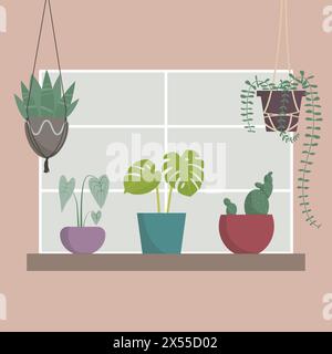 Vektorflaches Fenster, Schweller, Blumentöpfe, Wohnkomfort, Vektorillustration in flacher Art, Pflanzen Stock Vektor