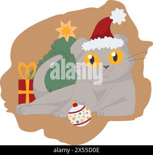 Frohe Weihnachtsgrußkarte mit niedlicher Katze. Happy Holiday Cartoon Charakter Vektor. Stock Vektor