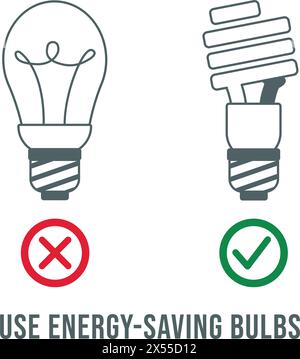 Der Austausch von Lampen reduziert den Stromverbrauch. Vektor flache Energiesparlampen-Glühlampen Stock Vektor