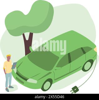 Elektroauto mit Stecker, Elektrofahrzeug, umweltfreundliches Fahrzeugkonzept, Vektor-Illustration Stock Vektor