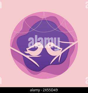 Niedliche Valentinstag-Karte, zwei küssende Vögel, rosa Karte im Papierschnitt-Stil, Vektor-Illustration Stock Vektor