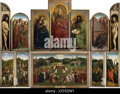 Der Genter Altar, 1432 fertiggestellt von Hubert und Jan van Eyck. Dieses Polyptychon und die Turin-Mailand-Stunden gelten allgemein als die ersten großen Werke der frühen niederländischen Zeit. Jan van Eyck Stockfoto