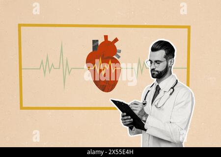 Composite Photo Collage des ernsthaften Doktors Mann Kardiologe untersuchen Herz schreiben Clipboard Behandlung Rezept isoliert auf gemalten Hintergrund Stockfoto