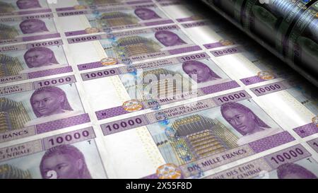 Zentralafrikanisches CFA-Franc Money Kamerun Tschad Kongo Gabun 3D-Illustration. 10000 XAF-Banknotenbündel. Konzept der Finanzierung, Bargeld, Wirtschaft cr Stockfoto